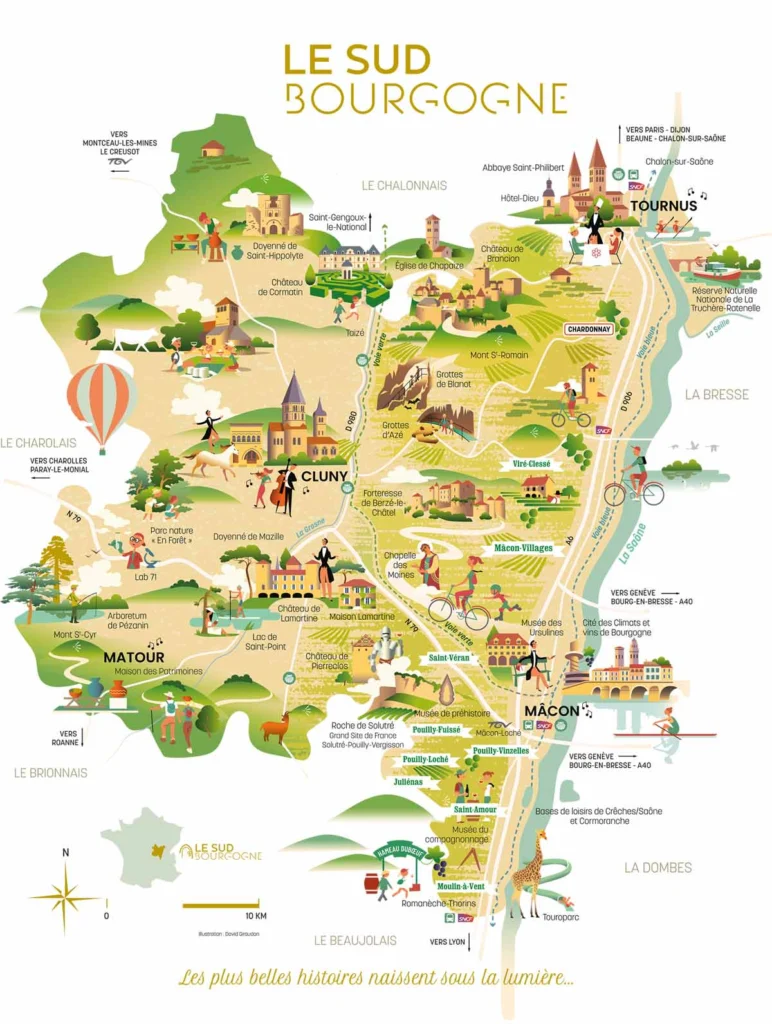 Carte touristique du Sud Bourgogne, autour d’Azé, Cluny et Mâcon.